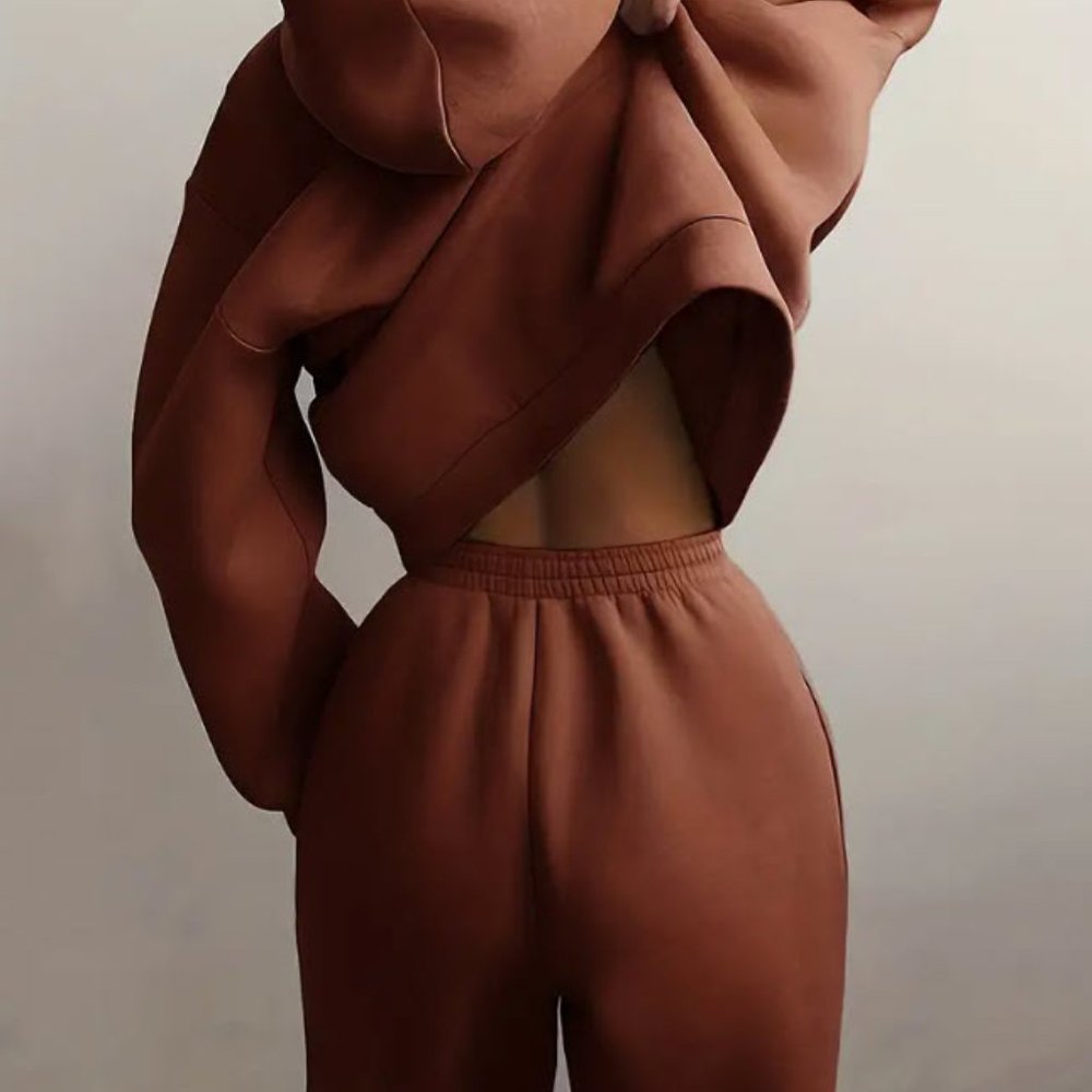 Dark Brown Warm Hoodie Sweatshirts And Long Pant Fleece Two Piece Sets - Picture 3 of 5
